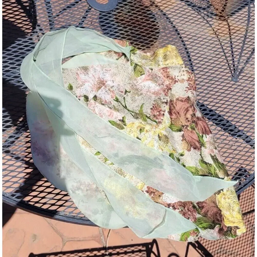 Vintage Reversible Chiffon Cotton Half Apron Gold Green Flowers Sexy MCM Hostess
